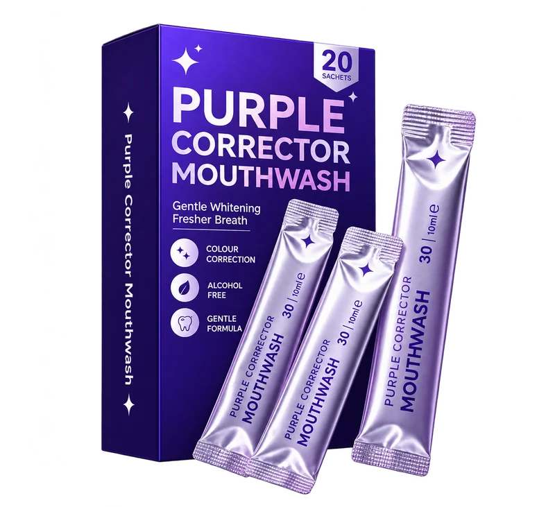 Purple Corrector Mouthwash carton with silver-purple single-use sachets