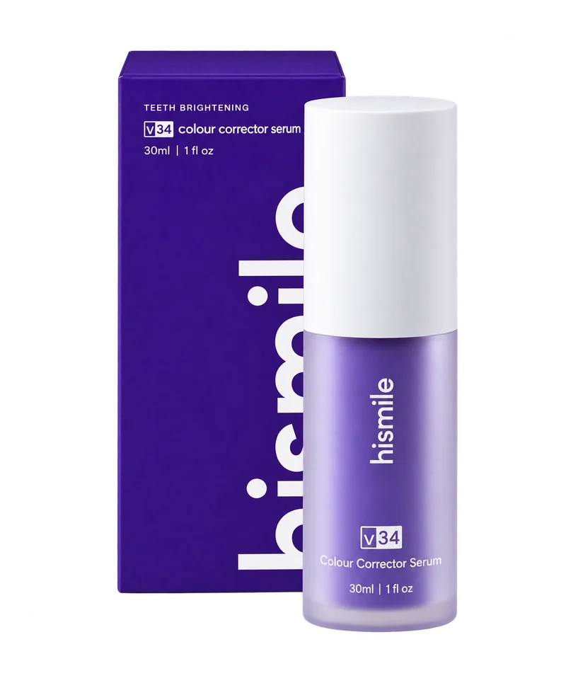 Purple V34 colour corrector serum bottle with a white cap and matching carton