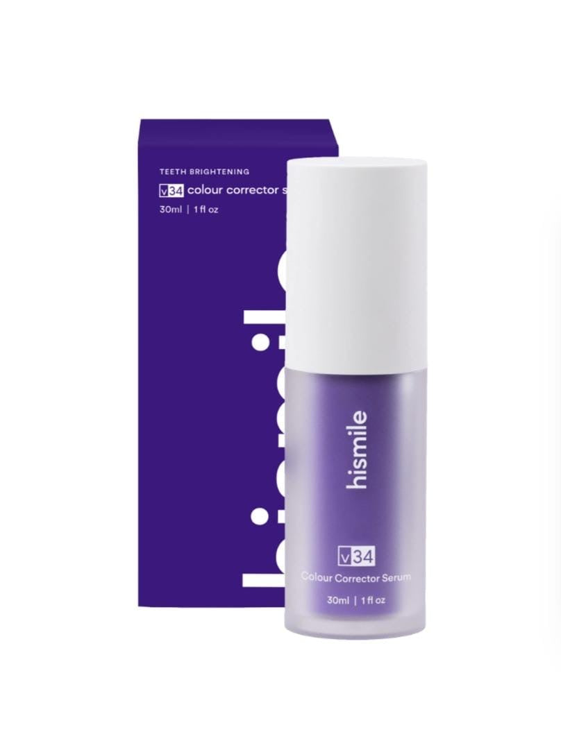 Purple V34 colour corrector serum bottle with a white cap and matching carton