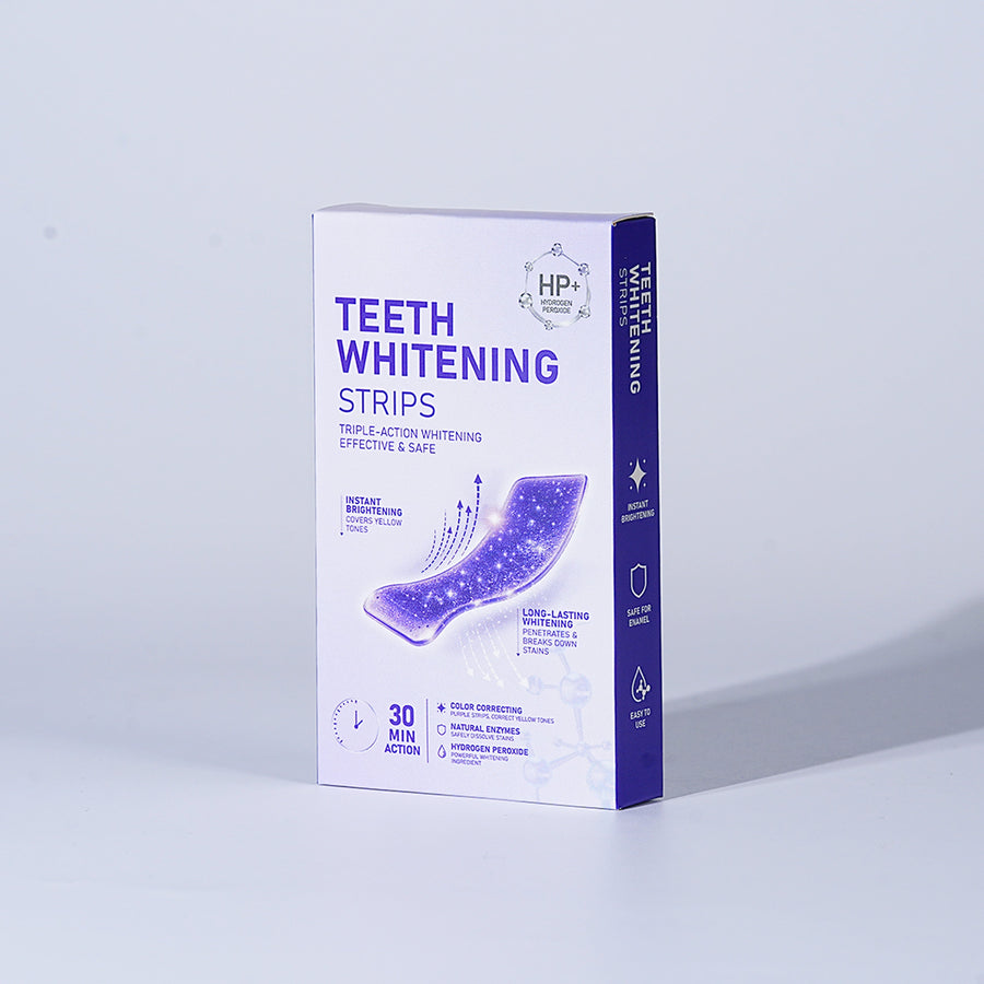 White and purple teeth-whitening strips carton with a purple strip illustration
