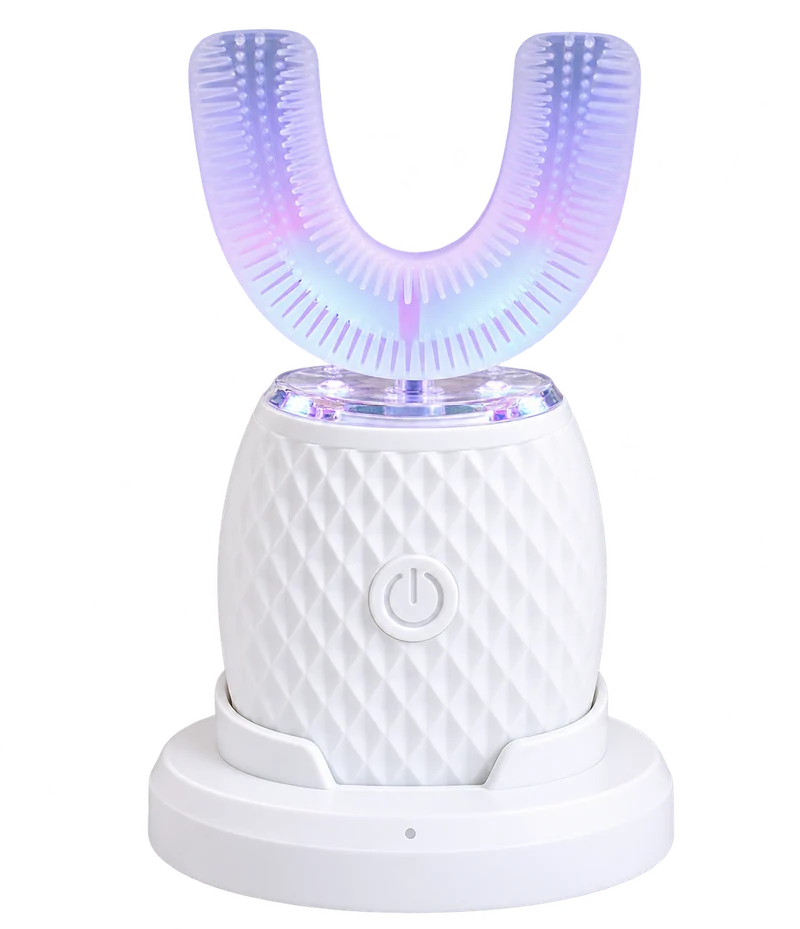 White U-shaped sonic electric toothbrush with silicone mouthpiece and charging base