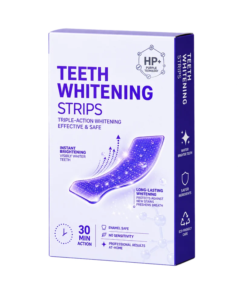 White and purple teeth-whitening strips carton with a purple strip illustration